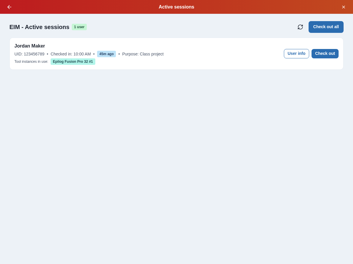 Active sessions with visitor details, visit duration, and tools in use