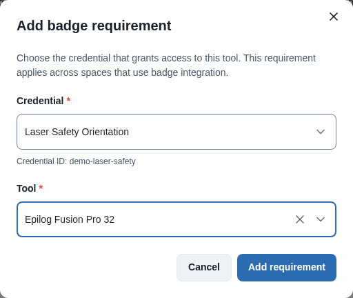 Selected credential and tool before adding the requirement