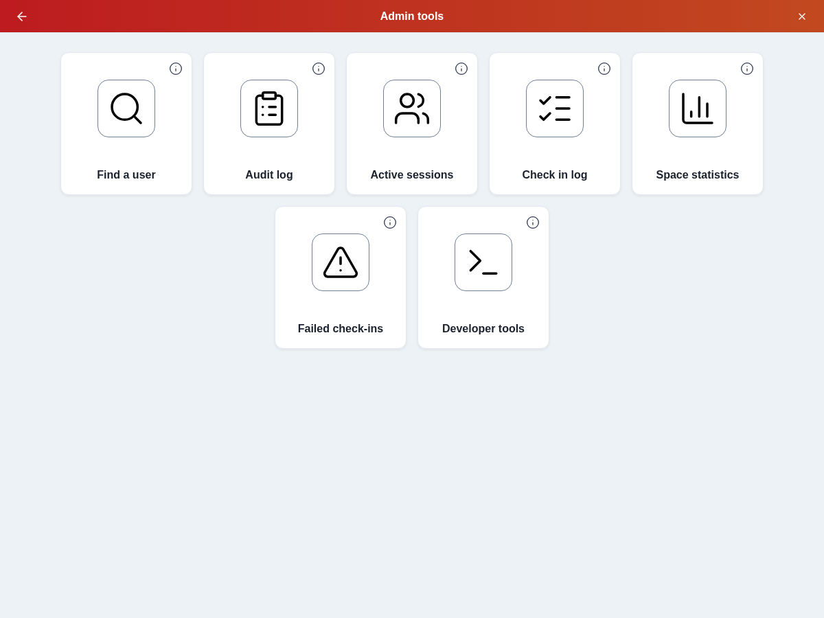 Admin tools for user lookup, active sessions, logs, and statistics