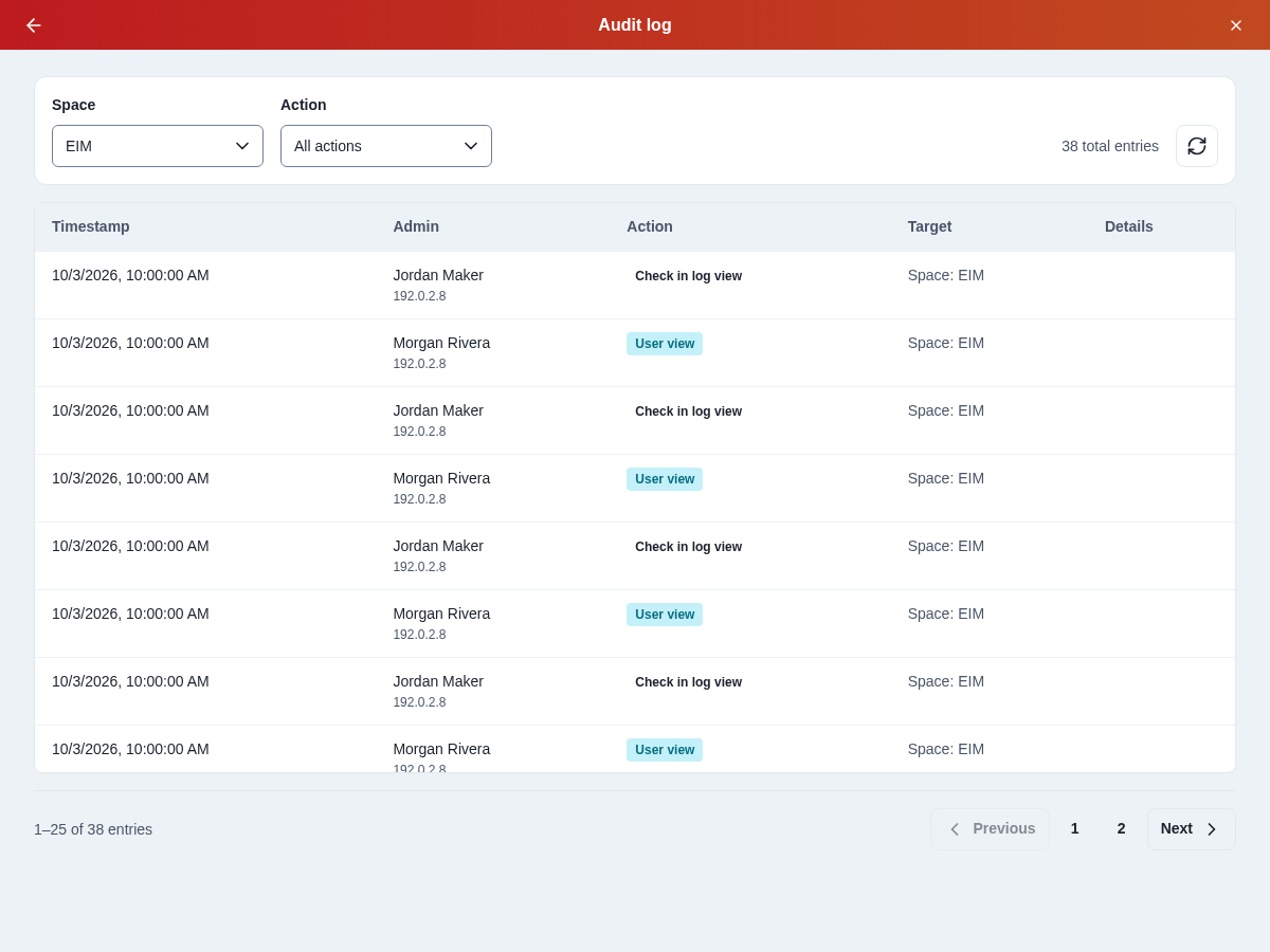 Audit log with space and action filters