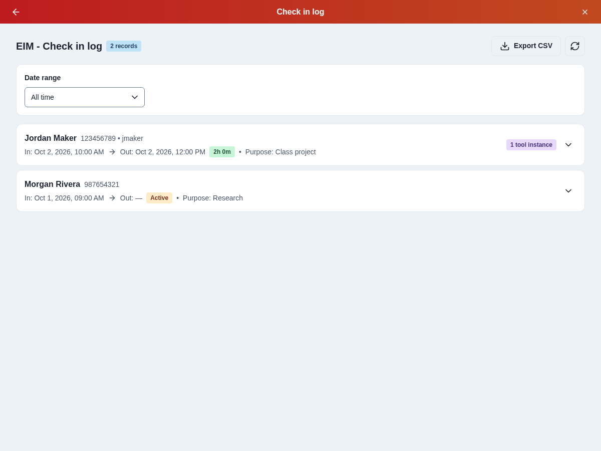Check in log with date range, CSV export, and visit records