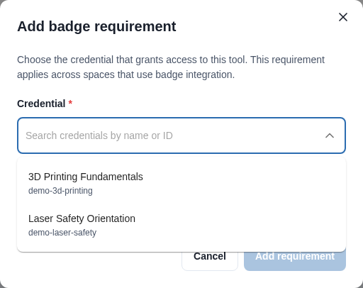 Credential search results showing names and IDs