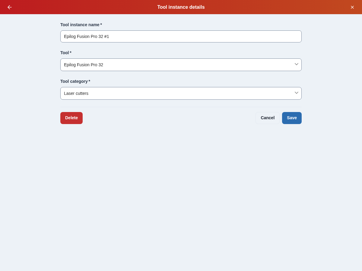 Edit tool instance form with Save, Cancel, and Delete actions
