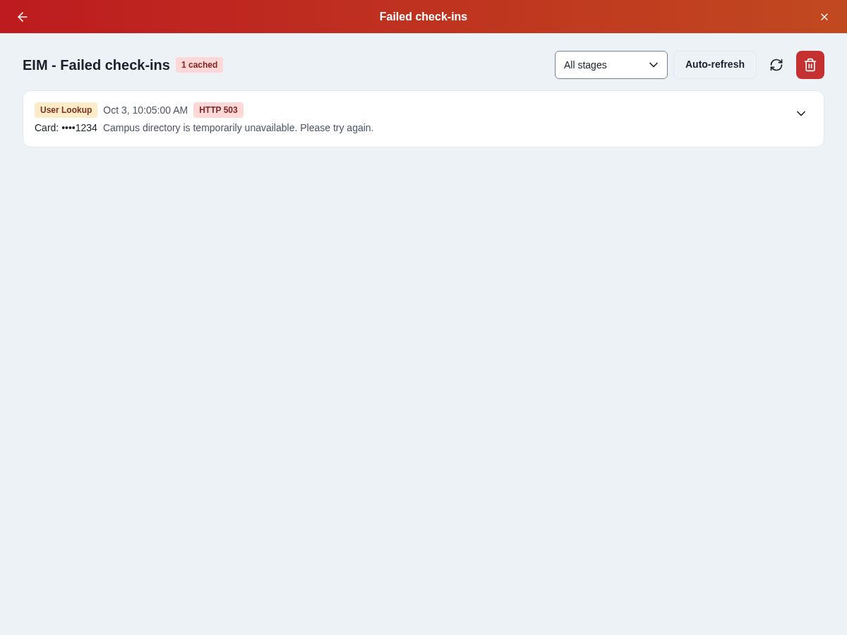 Failed check-ins with a directory lookup error and timestamp