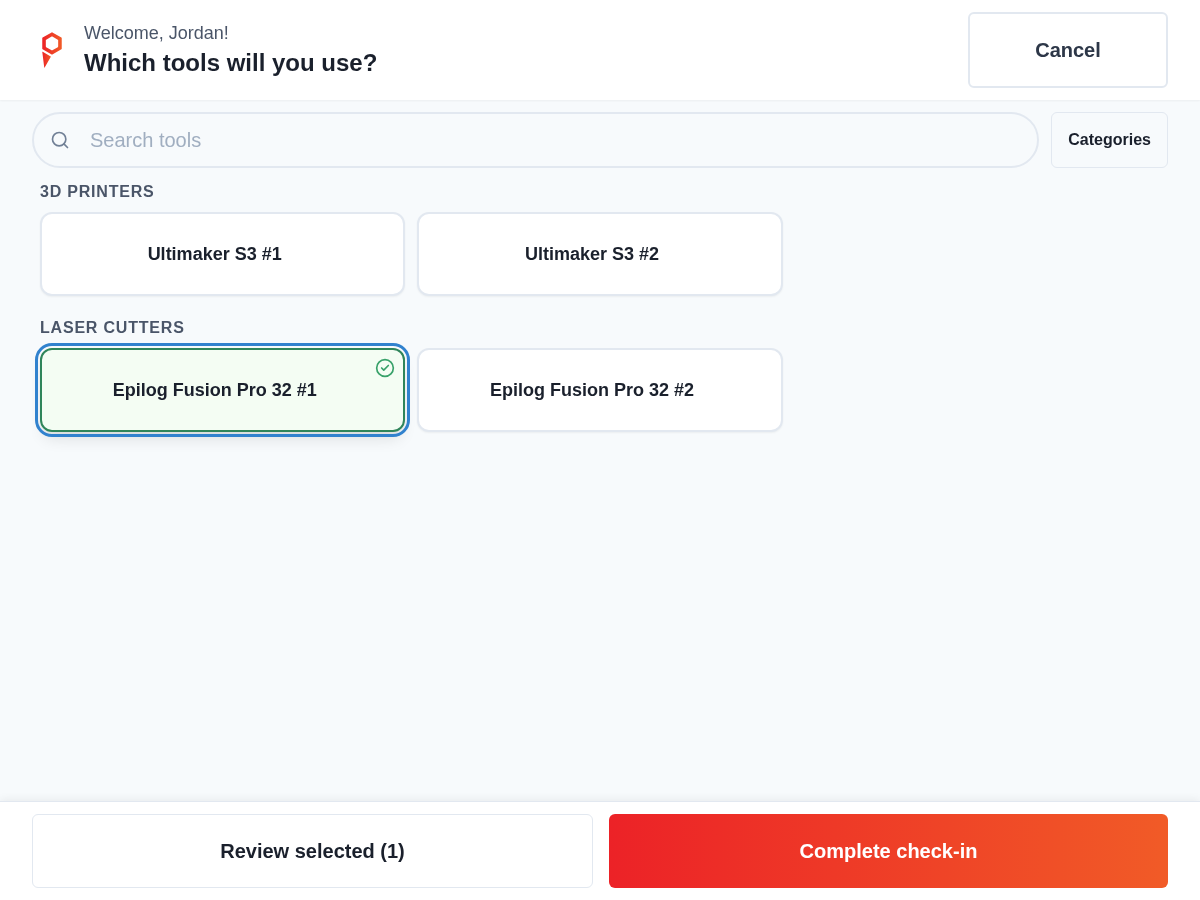 A selected tool and the Complete check-in action