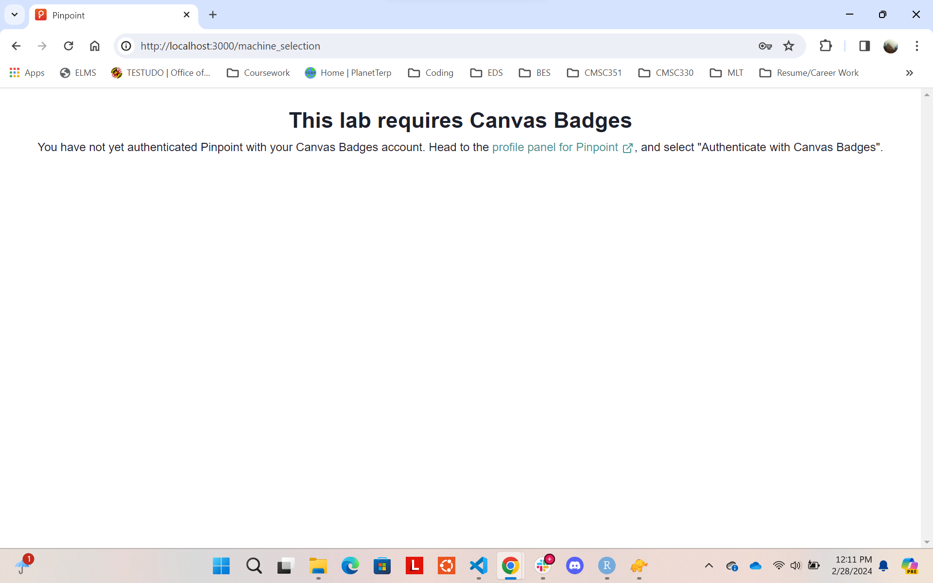 Pinpoint Canvas Integration Required Page