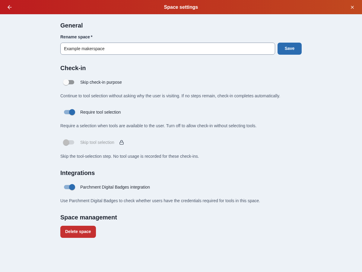 Space settings grouped into General, Check-in, Integrations, and Space management