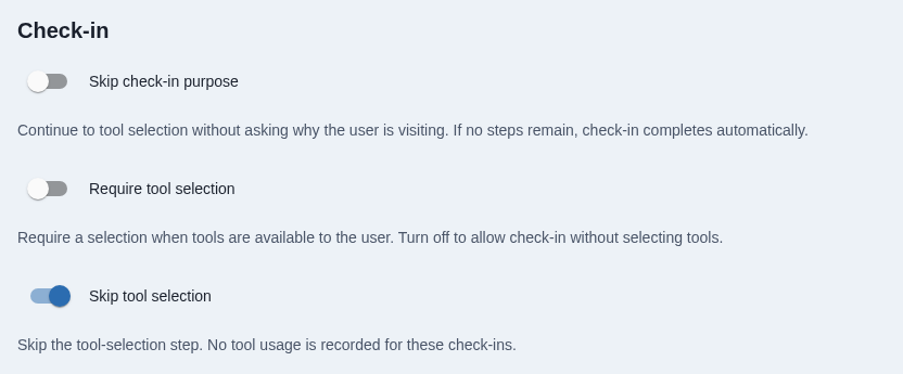 Require tool selection off and Skip tool selection enabled