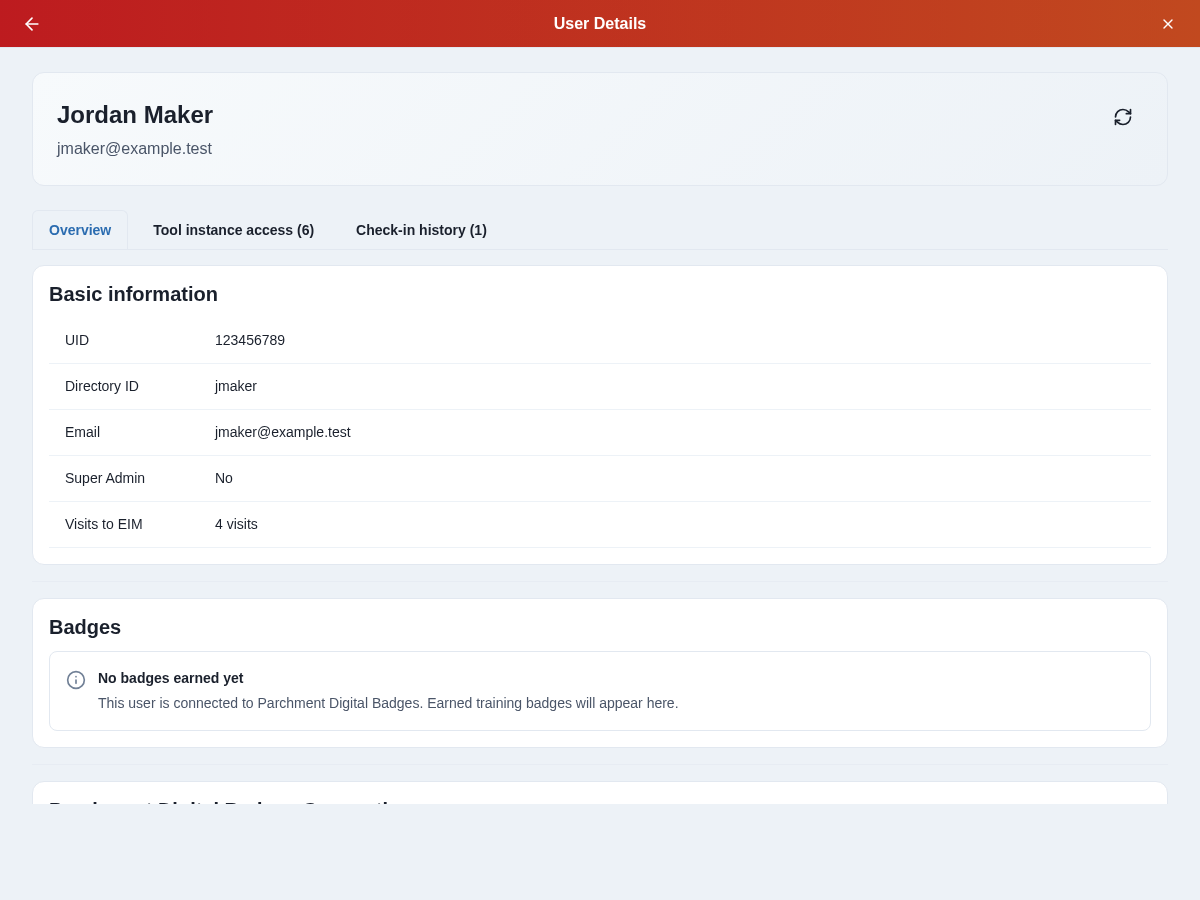User details, credential connection, and admin actions